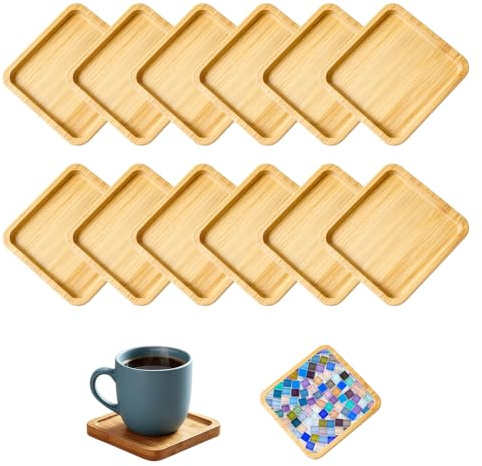 12Pcs Wooden Mosaic Coasters, 9cm Fillable Square Bamboo Coasters Set