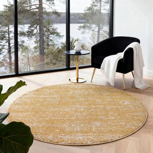 Impression London Teppich 120 cm Rund Gelb, Moderner Kurzflor Teppich im Abstract Design, Weich und Pflegeleicht für Wohnzimmer, Schlafzimmer, Esszimmer, Flur und Homeoffice