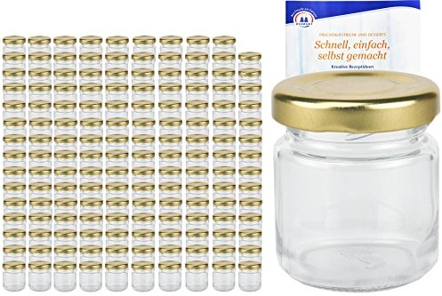 MamboCat Lot de 150 bocaux ronds de 53 ml avec couvercle doré TO 43 avec livret de recettes Diamant Gelierzauber (français non garanti), bocaux, conserves, bocaux de conservation, mini bocaux en