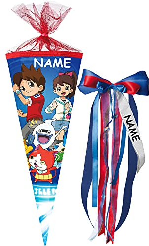 Schultüte - Yo-Kai Watch - 22 cm - rund - incl. Name und individueller großer Schleife - mit Tüllabschluß - Zuckertüte - Nestler - mit/ohne Kunststoff S..