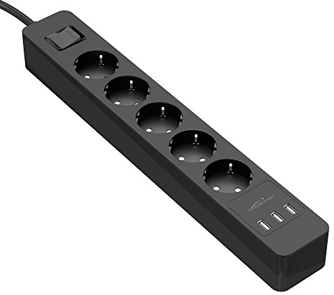 KabelDirekt 5-fach Steckdosenleiste, Mehrfachsteckdose & TÜV-zertifizierte Steckerleiste mit Überspannungsschutz sowie 3-fach USB Ladegerät (max. 4000W/250V/16A mit erhöhtem Berührungsschutz, schwarz)