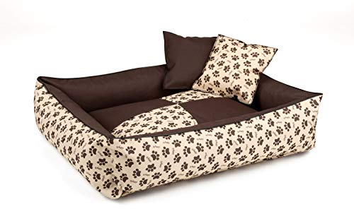 BedDog 2in1 Hundebett MAX Quattro, großes Hundekörbchen aus Cordura, waschbares Hundebett mit Rand, Hundesofa für drinnen, draußen, L, NAMIBSAND-Dog, beige-braun mit Pfoten