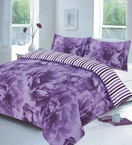 Hotel Quality Double Size Printed Rose Lilac Floral Design Duvet Cover Set Bedding Set with pillowcases - Double Size