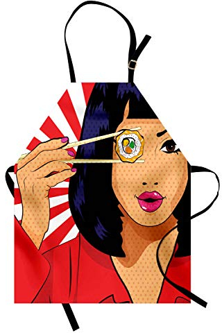 ABAKUHAUS Sushi Kochschürze, Pop-Art-Art punktierte Porträt eines asiatischen Mädchens, das eine Sushi-Rolle mit Essstäbchen hält, Höhenverstellbar Klare Farben ohne verblassen, Rot Dunkel Magenta