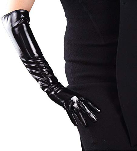 DooWay Lange Latexhandschuhe für Damen, glänzend, Kunstleder, glatt, Wet-Look, 50,8 cm, für Abendkostüm, Kleid, Schwarz, Medium