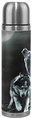 LDIYEU Loups Nuit Lune Café 500 ML Isolée sous Vide en Acier Inoxydable d'emballage en Cuir Bouteille d'eau Isotherme Tasse