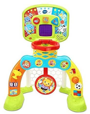 VTech - Centro de deportes Basket-Gol, Portería de fútbol, canasta de baloncesto y diana, disfruta jugando, efectos especiales y respuestas interactivas, incluye tres pelotas, marcador LED (80-533522)