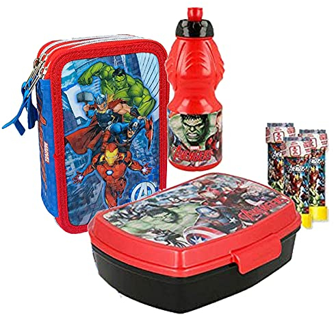 Set Scuola Astuccio + Borraccia + Portamerenda + 3 Bolle di Sapone (Avengers)
