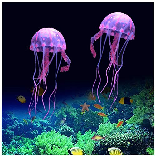 FuninCrea Aquarium-Dekoration, künstliche Quallen, Silikon, Aquarium-Quallen, leuchtende Dekorationen, geeignet für Aquarium/Aquarium, Rosa, 2 Stück