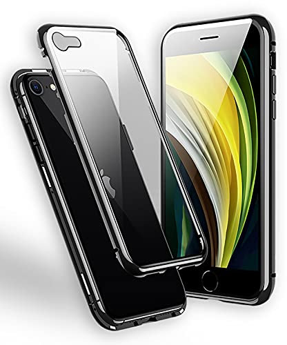 WEYNRBOX Hülle für iPhone SE 2022 Magnetische Adsorption Hülle, iPhone SE 2020/8 360° Schutz Vorne und Hinten Panzerglas Handyhülle,Dünn Metallrahmen Transparentes Shockproof Flip Case Cover,Schwarz