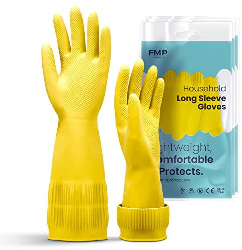 FMP Brands [3 Pairs] Dishwashing Kitchen Cleaning Long Sleeve Gloves Large Size Yellow Color - Reusable Heavy Duty Glove, Rubber, Plastic Vinyl Waterproof for Household Home, Dishes Washing Scrubbing