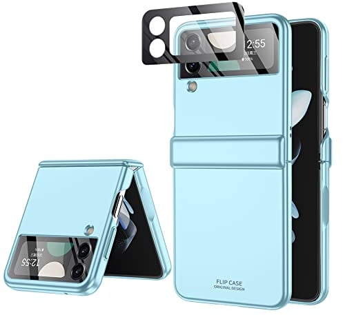 for Samsung Z Flip 4 Case: [Full Cover Hinge Protection] Slim Phone Case with Built-in Screen Protection Metal Volume Key Protection Wireless Charging for Galaxy Z Flip 4 5G(2022) (Blue)