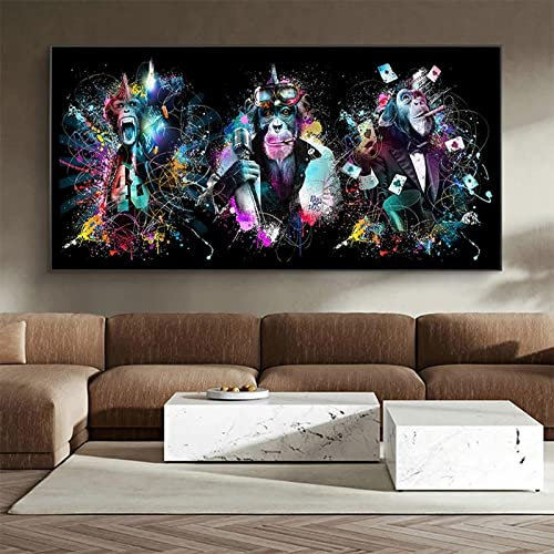 3 Affen Poster Drucke Bunte Dekoration Wandkunst Bilder Straße Graffiti Leinwand Malerei Wohnzimmer Affen Wandbild 70x140cm rahmenlos