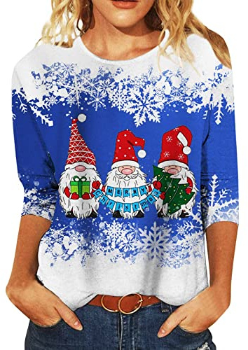 Sweatshirts für Damen UK Damen Weihnachtsserie, bedruckt, Rundhalsausschnitt, Mittelarm, Kontrast, lässig, T-Shirt, Hi Low Hoodies Damen, blau, 46