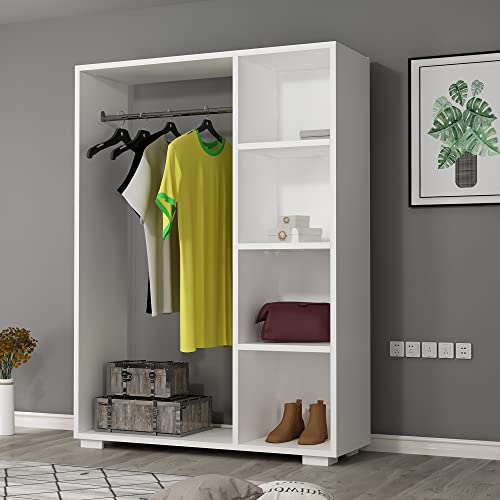 [en.casa] Armoire pour Chambre Portant à Vêtements Garde-Robe Ouvert avec Barre de Penderie 4 Compartiments de Rangement Panneau de Particules Plastique 123 x 90 x 30 cm Blanc
