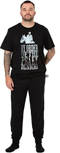 PEAKY BLINDERS Mens Pyjamas | Adults Black Lounge Pants and T-Shirt PJ Set | By Order of the Short Sleeve Tee Long Leg Bottoms Pajama Bundle | Nightwear Series Merchandise Gift for Him