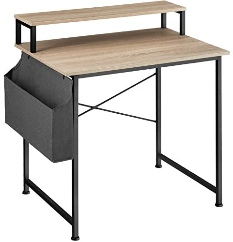 tectake® Bureau avec étagère et poche de rangement en tissu, 80 x 55 x 90 cm, Table bureau Style industriel Bureaux ordinateur Meuble pc Table de travail Meuble ordinateur Desk Teletravail, Bois clair
