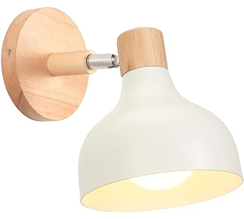 iDEGU Wandlampe Retro E27 Wandleuchte Moderne aus Holz Metall im Skandinavischen Stil Lampenschirm Tropfenförmig Verstellbare Wandspot Vintage Lampe für Schlafzimmer Wohnzimmer (Mattes Weiß, 1 Stück)