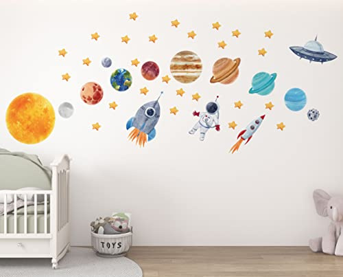 igibee Wandtattoo Sonnensystem, Astronaut im Sonnensystem Wandaufkleber, Planeten, Sonne und Rakete für Jungenzimmer, WallDecal für Kinderzimmer, Kosmos Wandtatoo