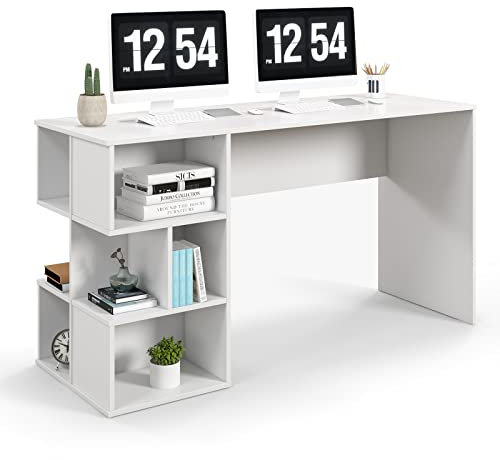 COSTWAY Schreibtisch mit offenen Fächern, moderner Computertisch, 140 x 50 x 75 cm, Arbeitstisch Bürotisch PC-Tisch mit Kippschutz, Weiß