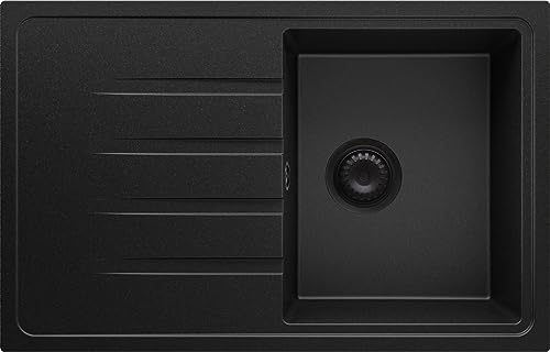 PRIMAGRAN Fregadero Cocina Todo Negro 78x50cm, Granito 1 Seno + Sifón, Sobre encimera al mueble 45cm - Milano