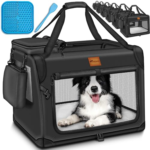 TRESKO® Hundebox faltbar inkl. Leckmatte, Spatel & Reflektoren L 70x52x52cm | Transportbox für Hunde und Katzen | Hundetransportbox Auto für kleine & große Hunde | Hundetasche robust Schwarz