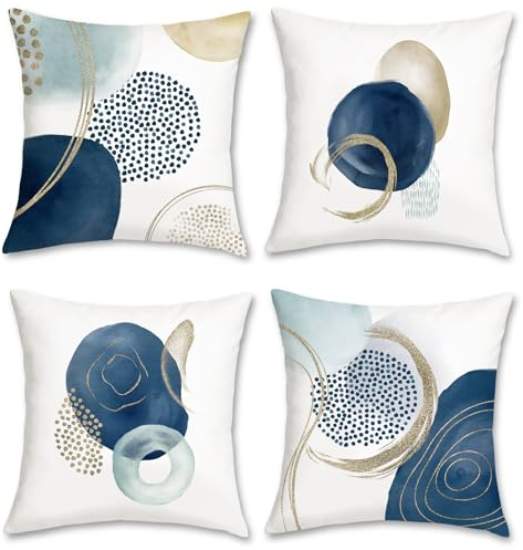Bonhause 4er Set Kissenbezüge Boho Abstrakt 45 x 45 cm Mid Century Modern Minimalistisch Blau Geometrisch Dekorative Kissenhülle Zierkissenbezüge für Sofa Zuhause Dekoration