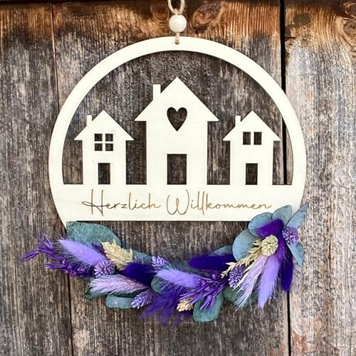 Willkommensschild - Trockenblumenkranz - Türkranz Trockenblumen - Herzlich Willkommen bei - Türkranz personalisierbar - Türhänger Familie (30cm, Lila/Grün)