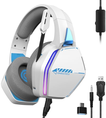 Oniverse Casque Gaming PS5 PS4 Switch 2 Xbox PC Mac avec Micro réglable, LED, Haut-parleurs 50mm, Coussinets Tissu Respirant - Casque Gamer stéréo Filaire Nebula (Arctic White/Blanc)
