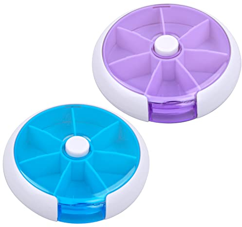 2 Pcs Tablettenbox 7 Tage Klein Rund, Mini Medikamentenbox Reise Kunststoff, Tragbare Pillenbox Transparent Tablettenspender mit 7 Fächer, Wochen Pillendose für Vitamine Ergänzungen, Lila+Blau