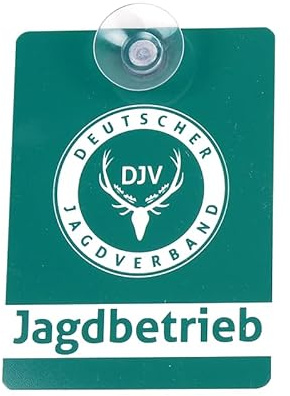 DJV-Autoschild | Jagdbetrieb | Einfache Befestigung | Hochwertig verarbeitetes Schild mit Saugnapf | hitzebeständiger Kunststoff | 9 x 12,5 cm
