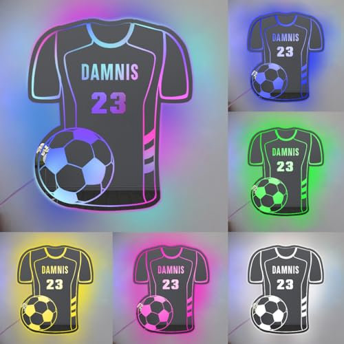 Personalized Name&Number Football Mirror Neon Sign, Custom Soccer Jersey LED Light Up Mirror, Christmas Birthday Home Kids Room Wall Decor Gifts for Kids Boys Friend Family Soccer Lover