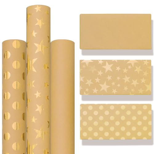 Zindoo Geschenkpapier Valentinstag, 3 Rolle 43x300cm Natural Kraft Klassische Sterne und Punkte Glänzen Designs, Geschenke zur Geburtstag, Muttertag, Weihnachten zu Verpacken