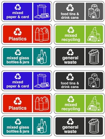 Guegine12 Pcs Recycling Signs Complete Pack of 2 Set,Recycling Stickers for Bins, Recycle Bin Stickers,Recycling Stickers,High Tack Self-Adhesive Waterproof Sticker,Viewing Distance Within 3m.