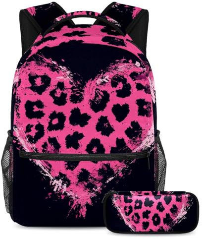 Set di 2 zaini per bambini con motivo leopardato con cuori rosa, zaino e astuccio, Leopardo Cuori Rosa, Large