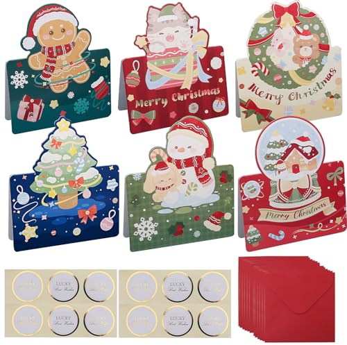 POPOYU 12 Stück Weihnachtskarten mit Umschlag Aufklebern Set, Klappkarten Weihnachtsgrußkarten Kraftpapier Karten Postkarten für Weihnachten, 3D Pop Up Grußkarte für Familie Freunde Weihnachtsgrüße