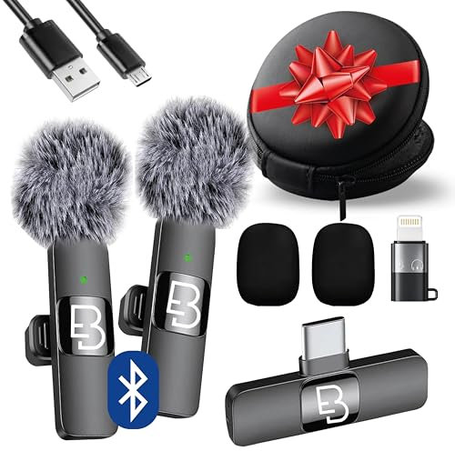 EMIR BEY® Micrófono Inalámbrico para iPhone, Android, iPad y PC, Pack 2 Micrófonos de Solapa con Filtro Antiviento, para Youtube, TikTok, Podcast y Streaming Profesional