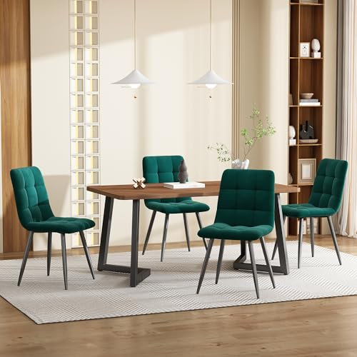 Generisch Essgruppe 5-teilig: Moderner Esstisch mit 4 Samt-Stühlen, Walnuss MDF-Tischplatte, Schwarze Metallbeine, ergonomisches Design für Esszimmer, Küche – eleganter und komfortabler Set