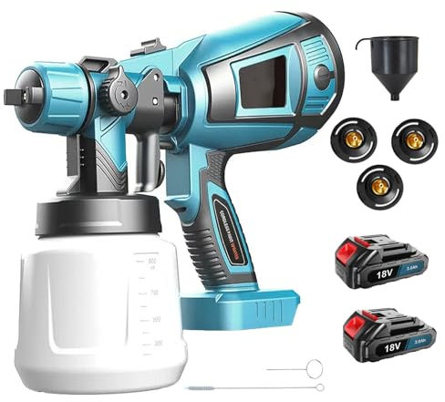 Akku farbsprühsystem mit 2 Akkus, Ersetzen für Makita 18V Akku, mit Verstellbarem Ventil 1000ML Abnehmbarer, 3 Düsen(1.0mm 1.8mm 2.5mm), zum Streichen von Wänden Gartenzaun