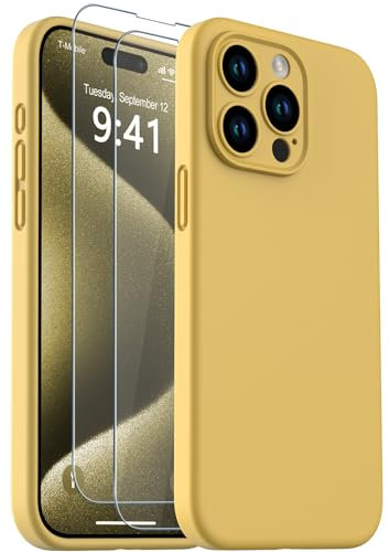 CASELIVE for iPhone 15 Pro Max Case, Liquid Silicone Case with [Tempered Glass Screen Protector] Full Body Shockproof Anti-Scratch Soft Microfiber Lining Cover for iPhone 15 Pro Max 6.7''(Yellow)