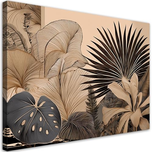 Feeby Impresión en Material Tejido no Tejido - cuadros decoracion salon modernos - cuadro lienzo - 90x60 cm - lienzo grande - Monstera Hojas Palmeras Plantas Beige - cuadros decoracion salon