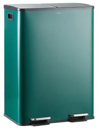 CASABEL Poubelle Tri Selectif 60L – Poubelle 2x30L avec Pédale, Acier INOX VERT FONCÉ antitraces, Double Compartiments, Poubelle 2x30L Cuisine,avec Bacs Amovibles, Poignées, Couvercles Silencieux