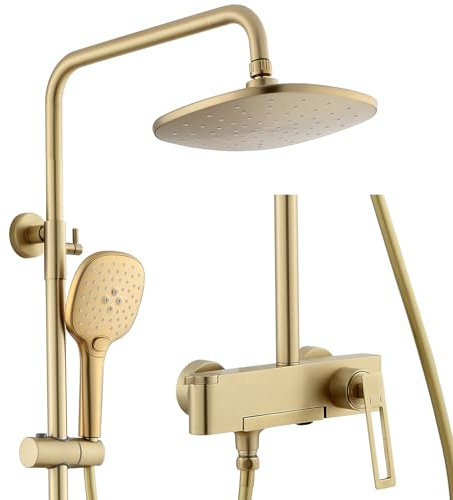 WRKMH Colonna Doccia Oro Spazzolato Set Doccia con Soffione e Doccetta, 3 Funzionale Kit Doccia Montato a Parete Soffione Doccia Completo con 3 Funzionale Doccetta