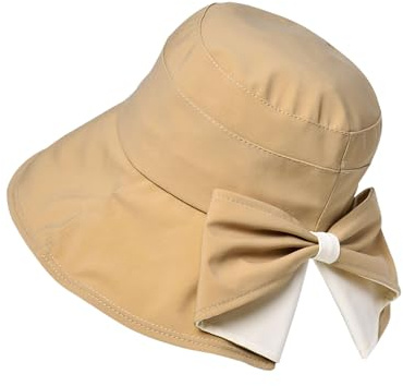 Andiker Sombrero de sol para mujer, ala ancha, transpirable, sombrero de cubo para mujer, con bonito diseño de lazo, plegable, protección solar UV, sombreros de sol para exteriores, caqui, M