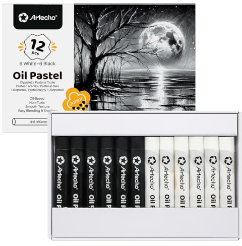 Artecho Ölpastellkreide Set 12 Stück (8 x 60 mm) – Weiß und Schwarz | Weiche Ölpastelle für Kunstmalerei, Zeichnen, Mischen, für Künstler, Anfänger, Studenten, Lehrer