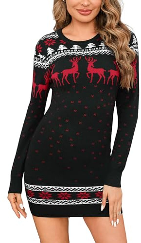 Litherday Winter Jumper Dresses for Women UK Dress Pullover Knitted Long Sleeve Mini Christmas Dress Outfit with Reindeer Motif Black