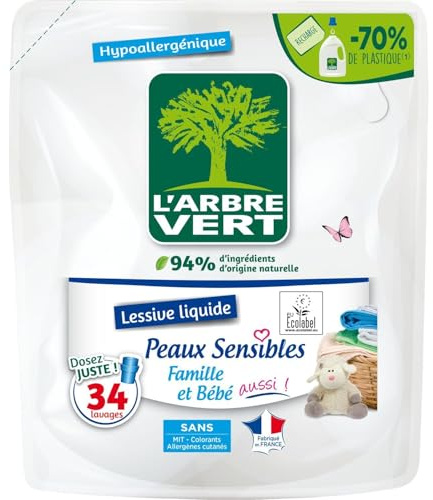 L'ARBRE VERT – Lessive Liquide Hypoallergénique pour Peaux Sensibles, Douceur Famille et Bébé (Recharge 1,53L) - Lot de 3 - vendu par Lot
