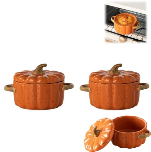Juego de cuencos de calabaza con tapa y asa, ramequines de cerámica de 200 ml para hornear, mini bandeja para hornear, cazuela con forma de calabaza, decoración de mesa de Acción de Gracias, plato de