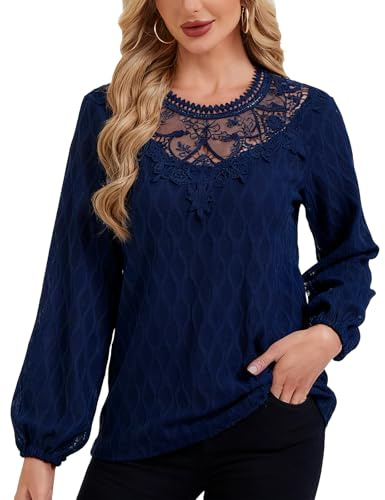 ATXNN Womens Blouses Tops Elegant Long Sleeve Round Neck Lace Casual Soft