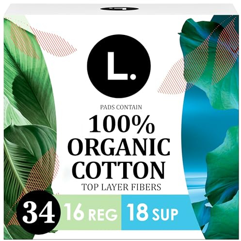 L. Ultra Thin Pads for Women, Organic Cotton Top Layer, Regular + Super Duo Pack Absorbency, Menstrual Pads with Wings, Made Without Synthetic Pesticides and Fragrances, 34 Count